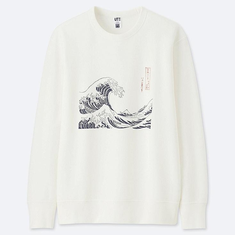 White uniqlo sweater Hokusai blue graphics